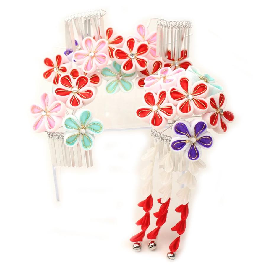 つまみ細工簪 豪華三点セット 梅 赤/ピンク/青/水色 七五三 3歳 7歳