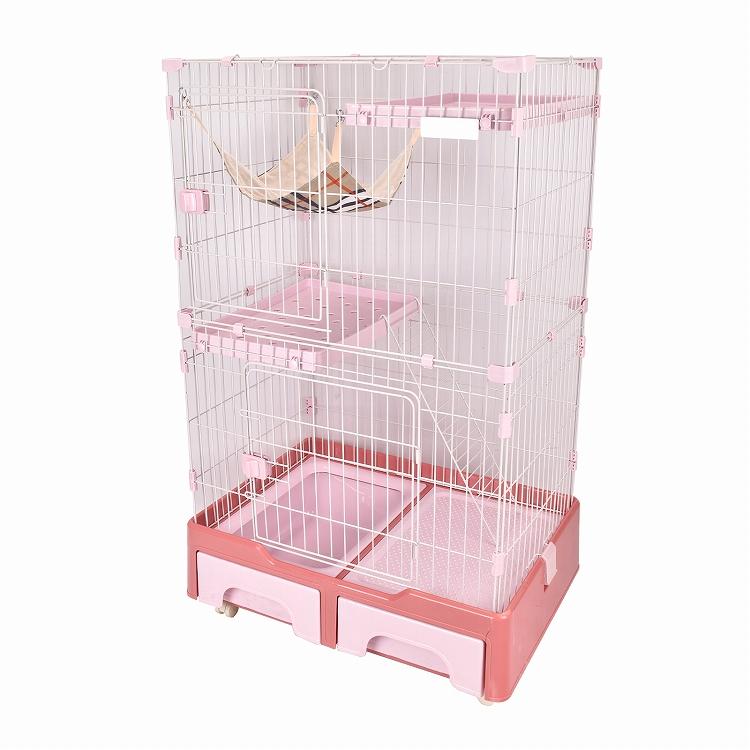 新品　キャットケージ　キャットゲージ　引き出しトレイ付き　大型　ピンク キャットケージ 猫ケージ 猫ハウス ハンモック付 トイレ付き 引き出し