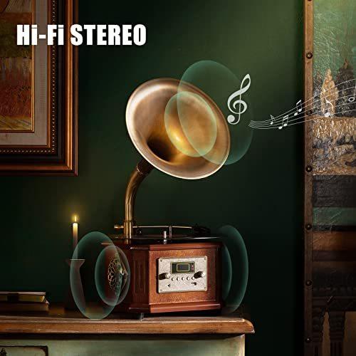 HOFEINZ 天然木材 蓄音機 純銅ホーン 工芸品 マルチレコードプレーヤー/Bluetooth4.2 /USB/FM ラジオ 