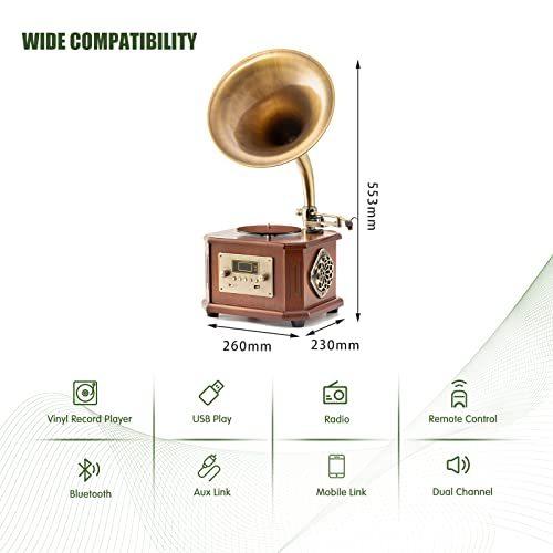 HOFEINZ 天然木材 蓄音機 純銅ホーン 工芸品 マルチレコードプレーヤー/Bluetooth4.2 /USB/FM ラジオ 