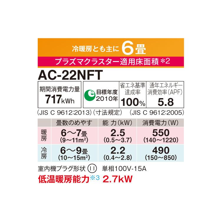 (送料無料) シャープ AC-22NFT ルームエアコン プラズマクラスター7000 主に6畳用 ホワイト系｜rakurakumarket｜02