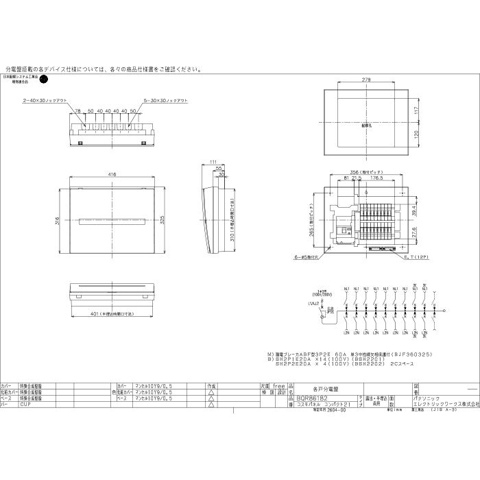 パナソニック BQR86182 住宅分電盤 コスモパネル コンパクト21 標準タイプ ドア付 リミッタースペースなし 18＋2 60A Panasonicの画像