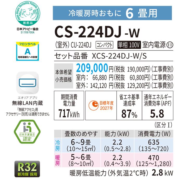 エオリア パナソニック CS-224DJ-W ルームエアコン Jシリーズ ナノイー 