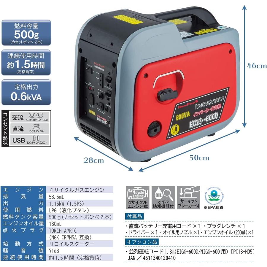 ナカトミ EIGG-600D カセットボンベ式インバーター発電機 エコモード