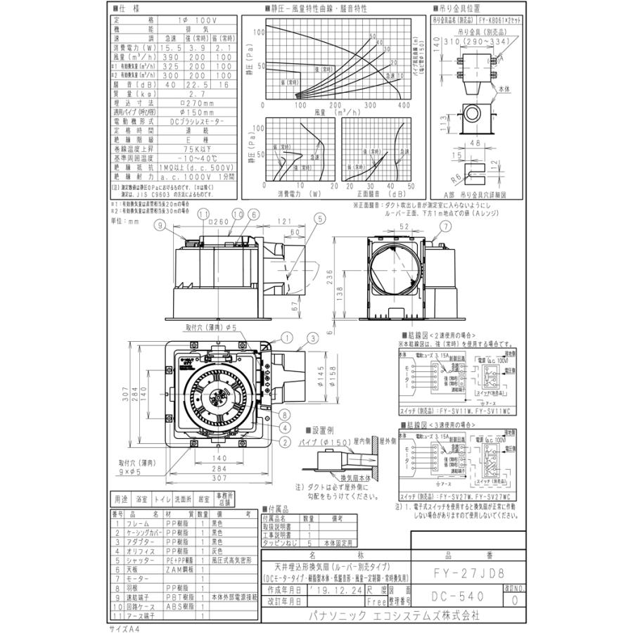 FY-27JD8 換気扇 DCモーター搭載　パナソニック Panasonic（パナソニック） FY-27JD8 天井埋込形換気扇 DCモーター搭載