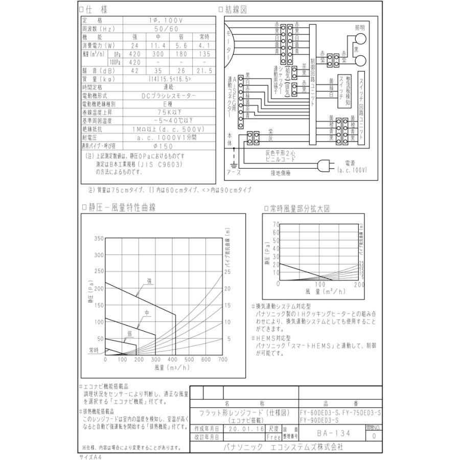 パナソニック FY-75DED3-S フラット形レンジフード エコナビ搭載 コンロ連動形 整流板捕集方式 幅75cm シロッコファン・タクトスイッチ (幕板・横幕板別売)_2