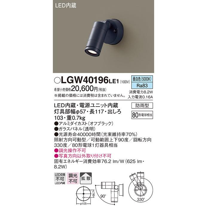 Panasonic（パナソニック） (送料無料) LGW40196LE1 スポットライト80