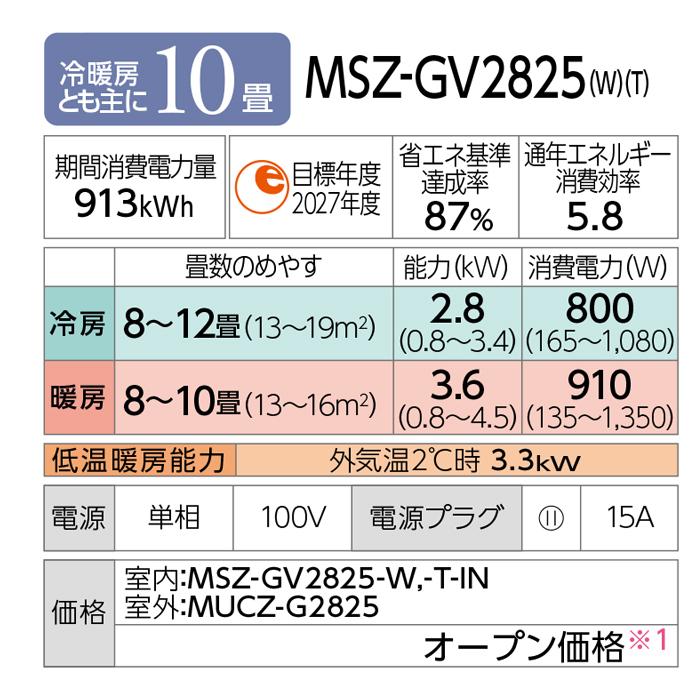 霧ヶ峰 三菱電機 MSZ-GV2825-W ルームエアコン GVシリーズ 冷暖房とも