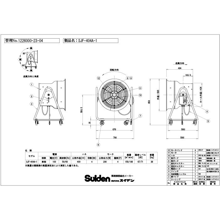 スイデン SJF-404A-1 ジェットスイファン 送風機 こでかファン ハネ径400mm 低騒音タイプ 100V 角度調節可能 4輪キャスター付 Suiden (法人限定)の画像