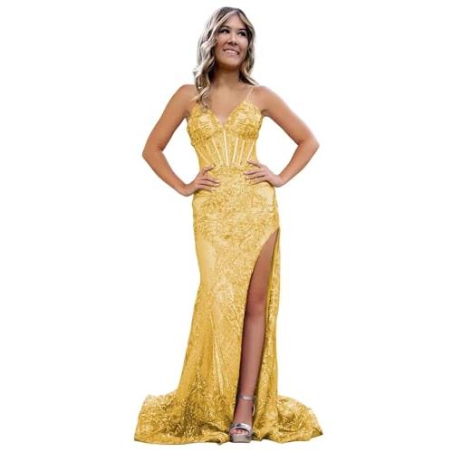 セールネット Modest Sequin Long Prom Dresses for Women 2024 V Neck Mermaid Fo 並行輸入品