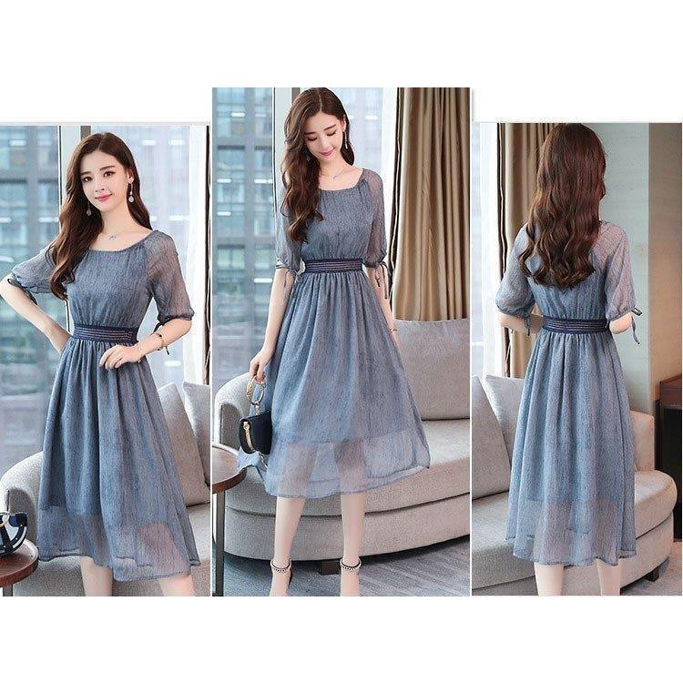 注目ショップ ブランドのギフト 韓国風 パーティードレス シフォンワンピース 丸襟 五分袖 膝丈ワンピース 夏 40代 きれいめ レディース ワンピース オシャレ 着痩せ 上品 Ol 大人 通勤 ワンピース カラー ブルー Michiganestateplanning Com