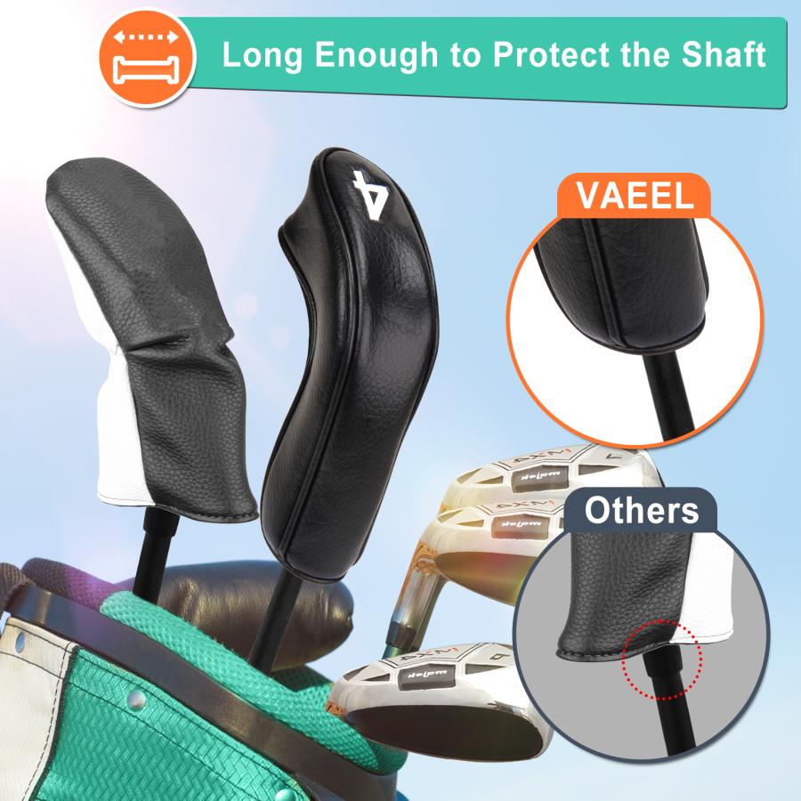 ゴルフヘッドカバー ハイブリッドアイアン ヘッドカバー 番号刺繍 左右手通用 エラスティック開閉 ロングネック 合成レザー セット