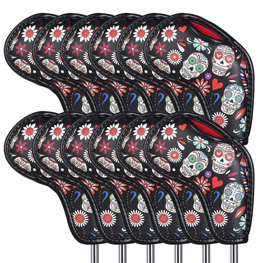 12枚 ゴルフアイアンカバー 12枚 セット マジックテープ開閉 ウェッジカバー クラブヘッドカバー スカル柄 合成皮革 BIG CRAZY ゴルフアイアンカバー マジックテープ開閉 ウェッジカバー