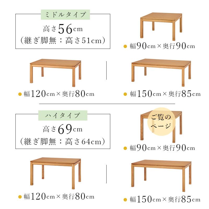 ダイニングこたつテーブル ハイタイプ コタツ 高さ調節 おしゃれ 天然木 600Wファン付きヒーター 炬燵 机 正方形 90cm_6