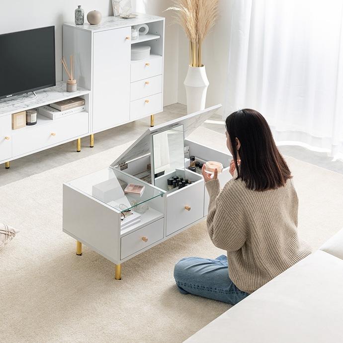 ドレッサーテーブル ローテーブル センターテーブル 白 ガラス天板 