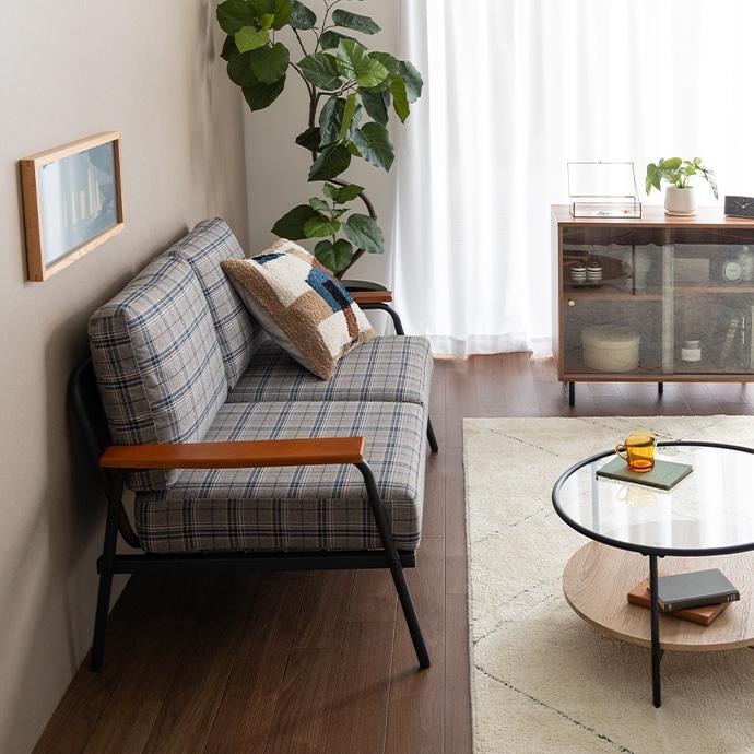 ソファー 2人掛け おしゃれ チェック柄 レトロ 北欧モダン