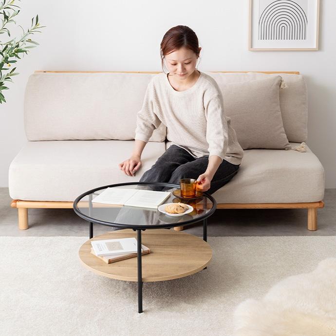 ローテーブル 円形 丸型 おしゃれ 北欧モダン 棚 木製 ガラス