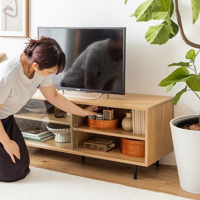 テレビ台 幅120cm ローボード アクリル引き戸 木目調 スリム テレビ