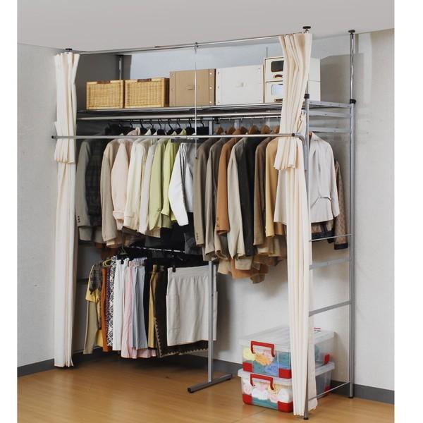 ハンガーラック、ワードローブ【新品、送料無料】 ワードローブ 突っ張り 伸縮 ハンガーラック 棚 カーテン付