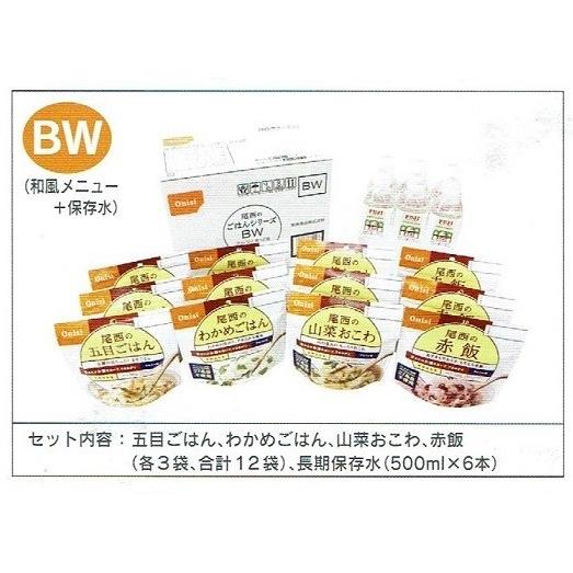 5年保存・家庭用非常食セットBW・（アルファー米4種類ｘ３袋＋水500ml6本）ｘ４セット