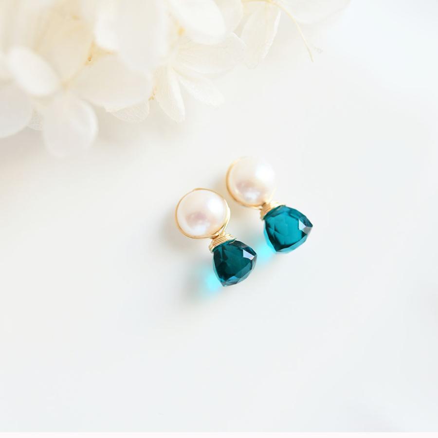 グリーンクォーツ（水晶）とパールのピアス イヤリング 4/6月誕生石 