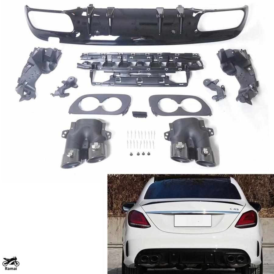 【並行輸入品】 ベンツ C クラス W205 AMG バンパー 2015年-2020年 スポーツ 4 ドア セダン C43 ブラック リア デュフューザー リップ+マフラー エキゾーストの画像