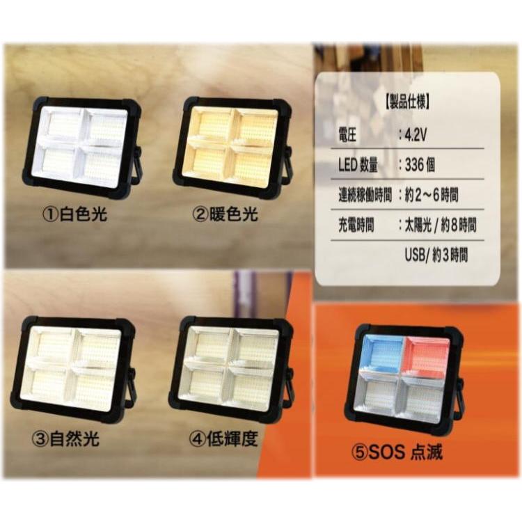 LEDワークライト ソーラー＆充電式 高輝度 6500lm 太陽光 USB充電 EDN