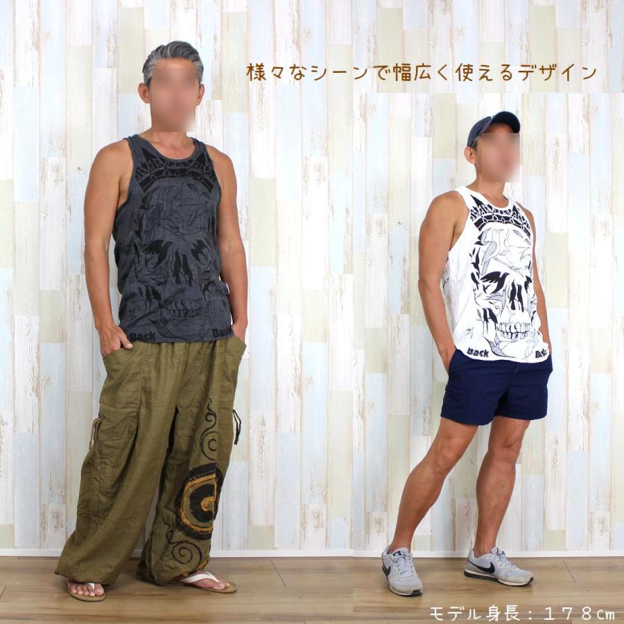 タンクトップ メンズ スカル柄 骸骨 鳥 バード エスニック シワ加工
