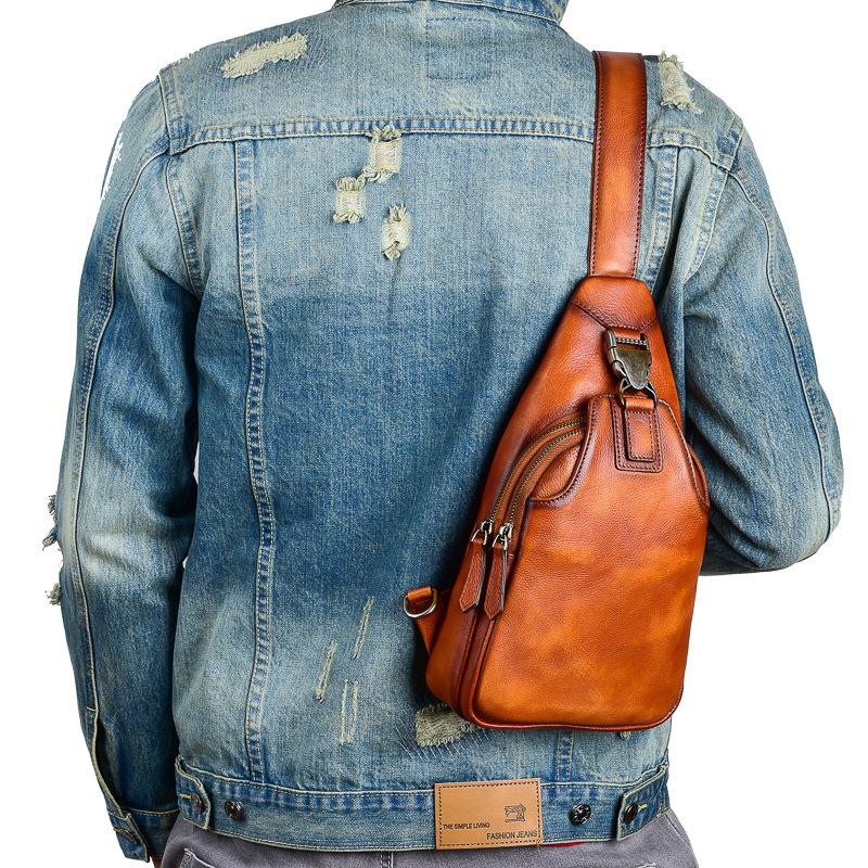 実物写真 レトロ風 左右肩掛け替え 本革 メンズ ボディバッグ ヌメ革