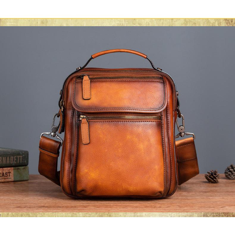 本革 ショルダーバッグ メンズ  アンティーク 斜め掛け鞄 メッセンジャーバッグ 2室 ヌメ革 本革 牛革 レザー 縦型 iPad収納 本革 ショルダーバッグ メンズ アンティーク 斜め掛け鞄