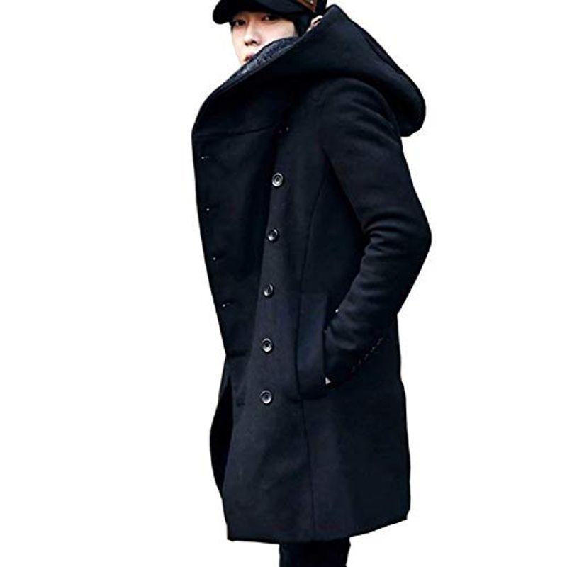 ラッピング不可 Kmazn アフガンコート メンズ 長袖 ロング丈 フード付き 暖かい ボタン カジュアル アウター 秋 冬 黒 チェスターコート ジャケット Smssvg Org