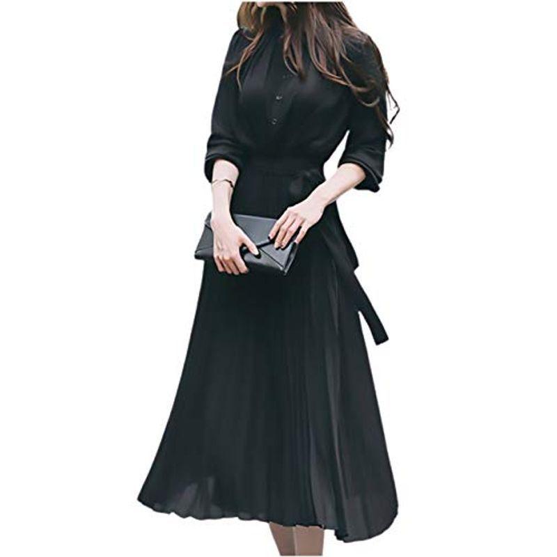 エムエルーセ プリーツ ワンピ 無地 ロング丈 ワンピース Aライン ハイウエスト ハイウェスト 体型カバー ひざ