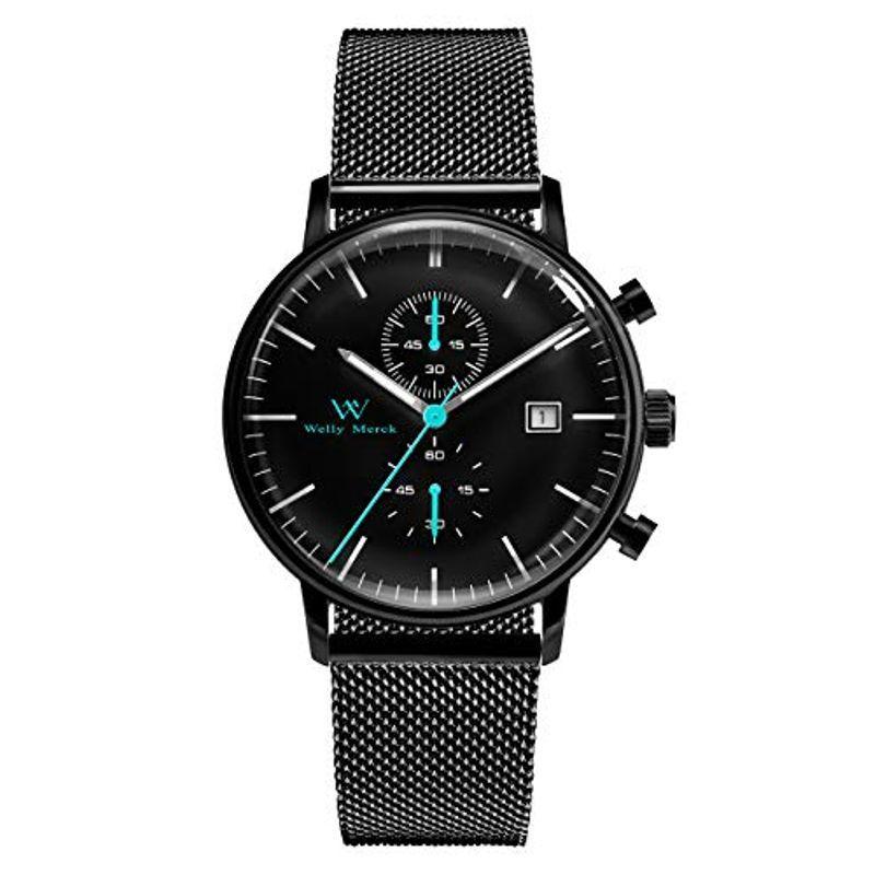 【超ポイントバック祭】 Welly Merck 時計 メンズ スイスブランド 日付 ビジネス サファイアガラス 40ＭＭ黒文字盤 20ＭＭ ブラックメッシュ 腕時計
