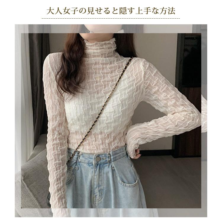 トップス 透け感 シースルー 重ね着 レース インナー レディース 長袖 レイヤード シアー 透け ブラウス おしゃれ タートルネック 爆買 | ブランド登録なし | 08
