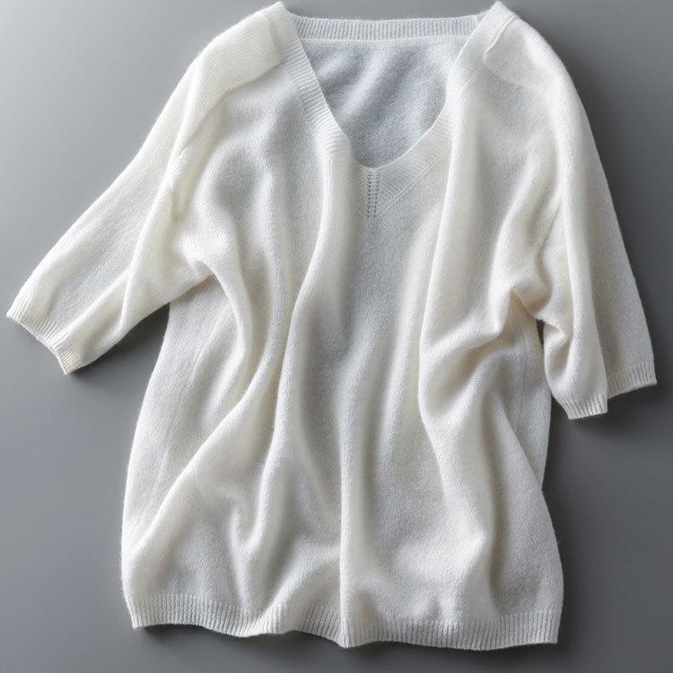 トップス レディース ハーフスリーブ 五分袖 薄手 ニット 春 夏 秋 大きめVネック 二の腕カバー レディーストップス ゆったりシルエット 体型カバー 爆買 | ブランド登録なし | 13