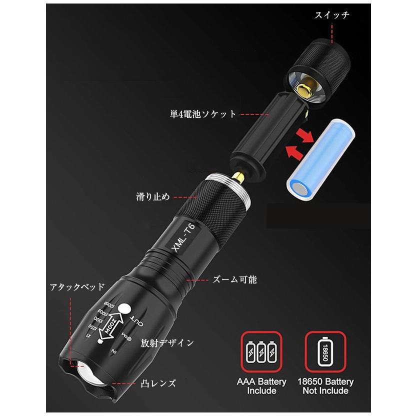 ハンディライト ハンドライト LEDライト 懐中電灯 防水 ズームXML フラッシュ機能 電池式 単4 携帯用 防災 災害 アウトドア 爆買 | ブランド登録なし | 07