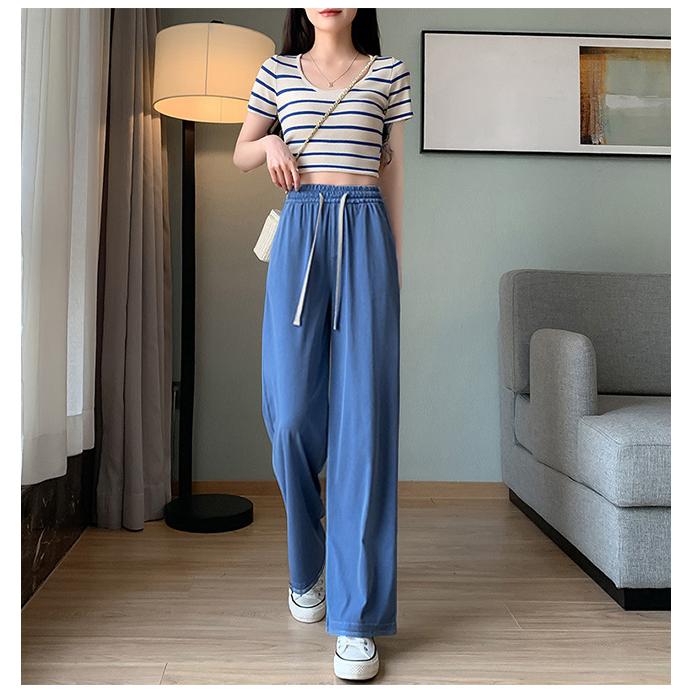 涼感ワイドパンツ デニム調 接触冷感 ロング クール 涼しい 夏用 ゆったり ストレッチ 薄手 体型カバー ウエストゴム ボトムス 着痩せ 美脚 爆買 | ブランド登録なし | 02