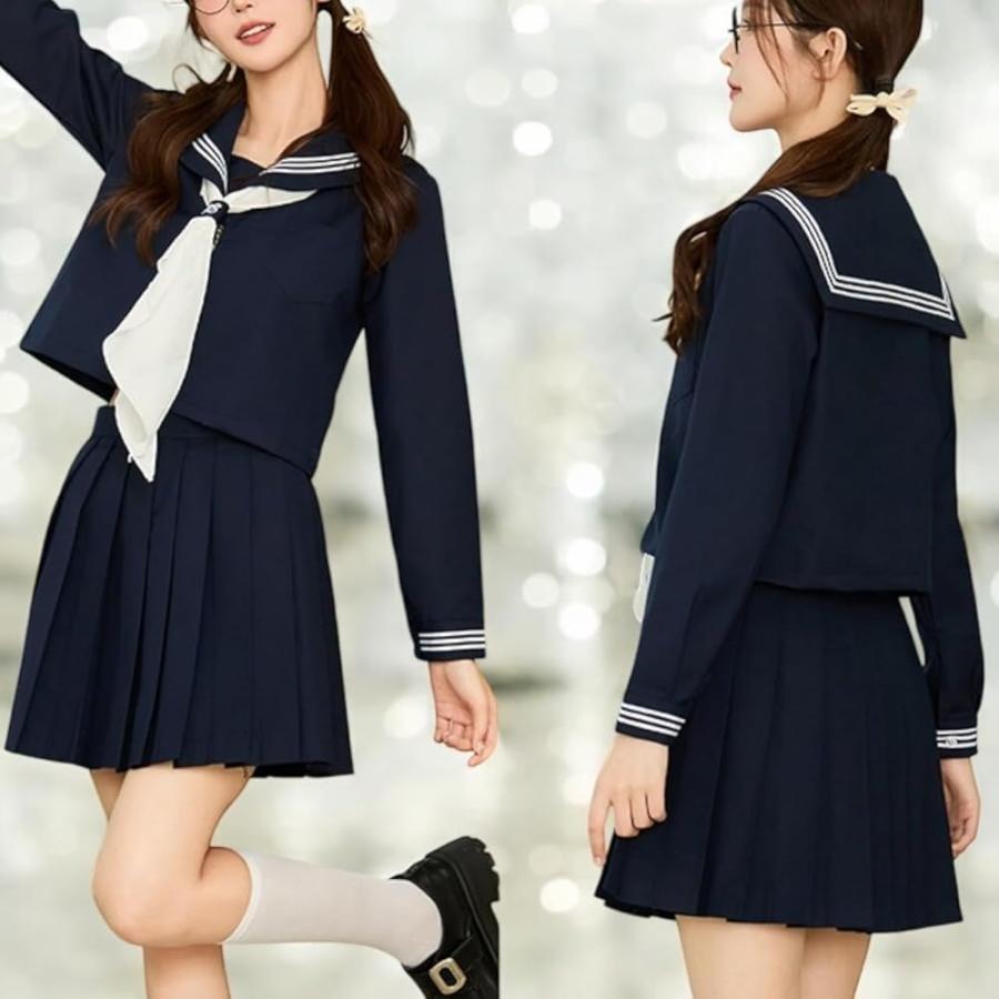 セーラー服 女子高校制服 長袖 ネイビー 白ライン リボン付き プリーツ 