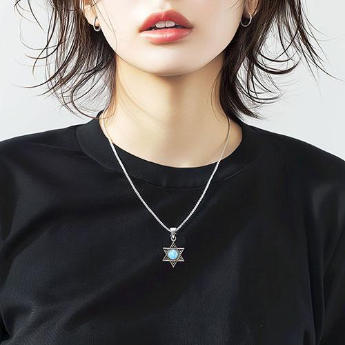 六芒星（ダビデの星）オパール（人工）ブルー シルバー ペンダント