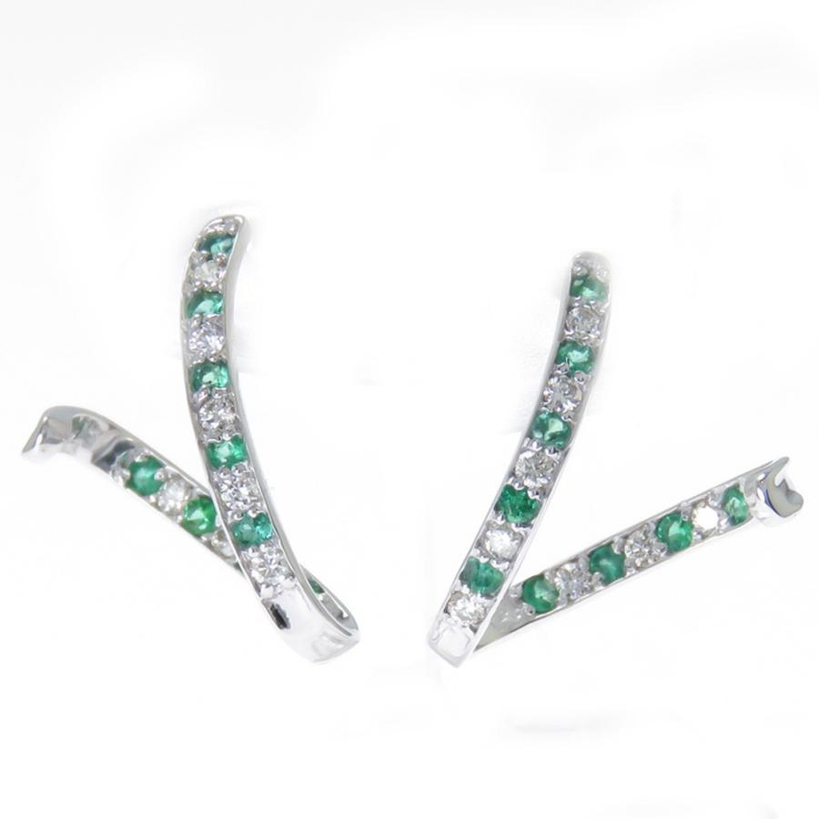 エメラルド ピアス K18WG 立体ピアス ダイヤピアス 0.26ct エメラルド