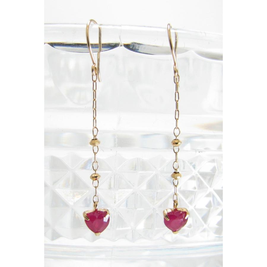 ルビー K18 18金 ハート フック式 ロングピアス 7月の誕生石  