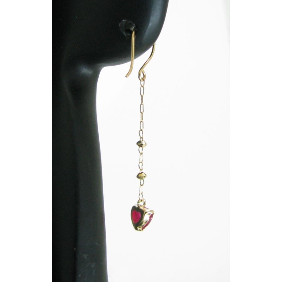 ルビー K18 18金 ハート フック式 ロングピアス 7月の誕生石