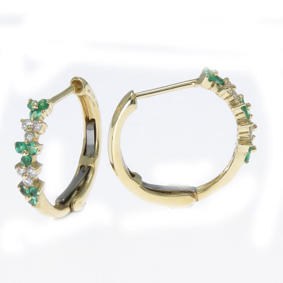 エメラルド ピアス K18 中折れ式 ダイヤピアス 0.1ct フープ バネ式 