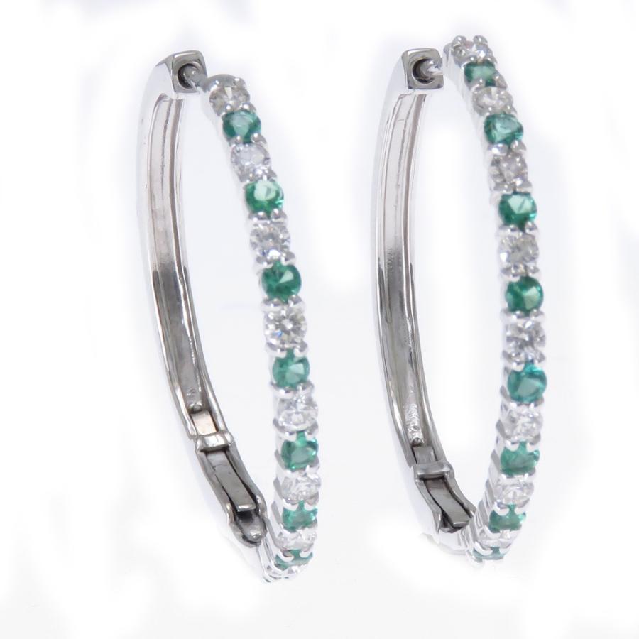 エメラルド ピアス K18WG 中折れ式 ダイヤピアス 0.54ct フープ バネ式