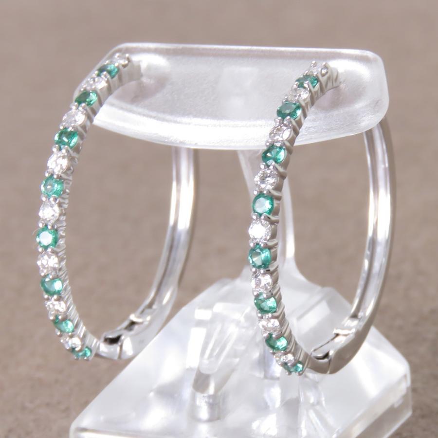 エメラルド ピアス K18WG 中折れ式 ダイヤピアス 0.54ct フープ バネ式