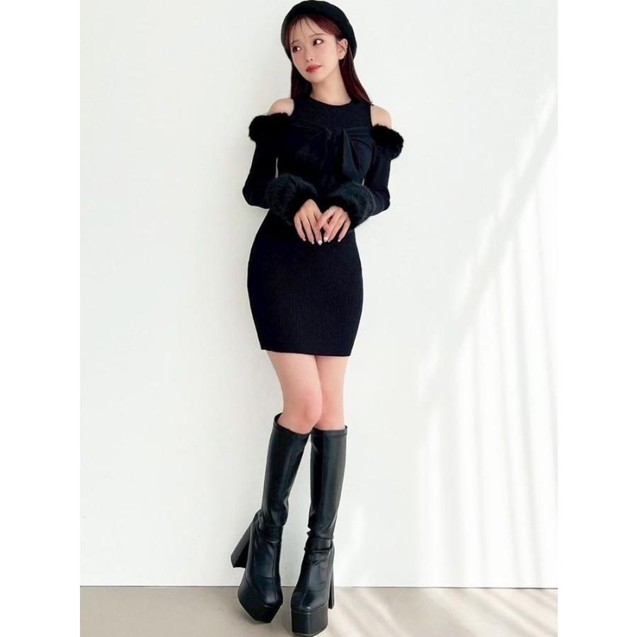 【新品】RESEXXY ポイントフェイクファーミニニットワンピース ブラック RESEXXY（リゼクシー） ポイントフェイクファーミニニットワンピース