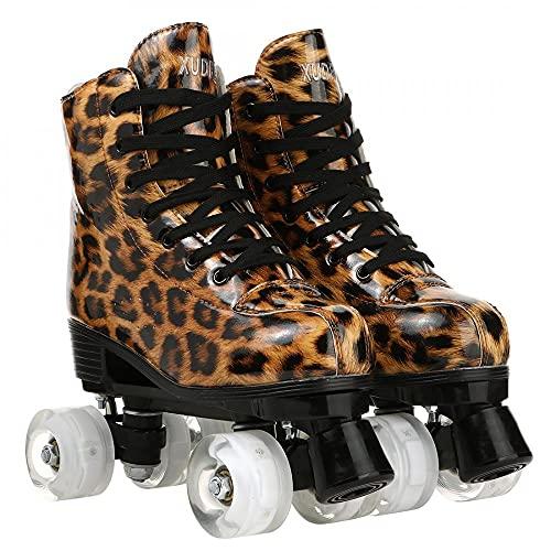 女性用Simcatヒョウローラースケート室内屋外ローラースケートPUレザーハイトップローラースケート靴袋付男女兼用ダブルロウ(レオパードブラウンフラッシュ 女性用Simcatヒョウローラースケート室内屋外ローラースケートPUレザーハイトップローラースケート靴袋付男女兼用ダブルロウ ABEC