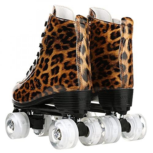 女性用Simcatヒョウローラースケート室内屋外ローラースケートPUレザーハイトップローラースケート靴袋付男女兼用ダブルロウ(レオパードブラウンフラッシュ 女性用Simcatヒョウローラースケート室内屋外ローラースケートPUレザーハイトップローラースケート靴袋付男女兼用ダブルロウ ABEC