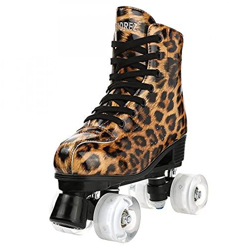 女性用Simcatヒョウローラースケート室内屋外ローラースケートPUレザーハイトップローラースケート靴袋付男女兼用ダブルロウ(レオパードブラウンフラッシュ 女性用Simcatヒョウローラースケート室内屋外ローラースケートPUレザーハイトップローラースケート靴袋付男女兼用ダブルロウ ABEC