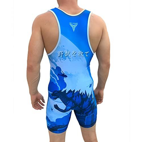 TRI-TITANSゴジラレスリングシングレット-ブルー-フリースタイル-フォークスタイル (大人小) TRI TITANSゴジラレスリングシングレット ブルー フリースタイル フォークスタイル 大人小